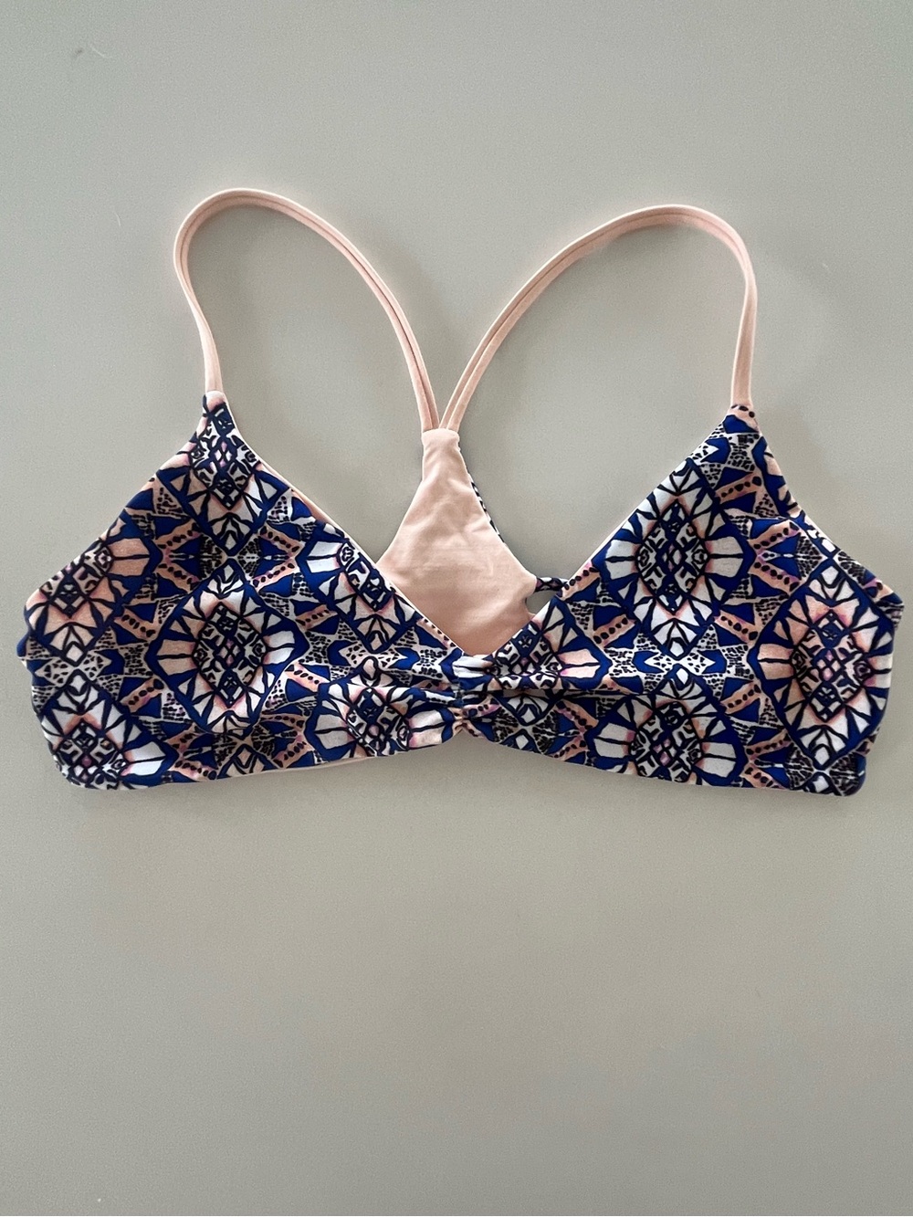 L*Space Geometric Boho Print Strappy Racerback Bikini Top Navy Blush Shell Large